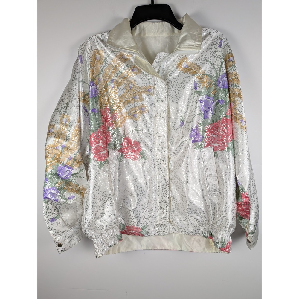 VTG 80s Seoul Korea Olympic Satin White Rose Floral Bomber Jacket